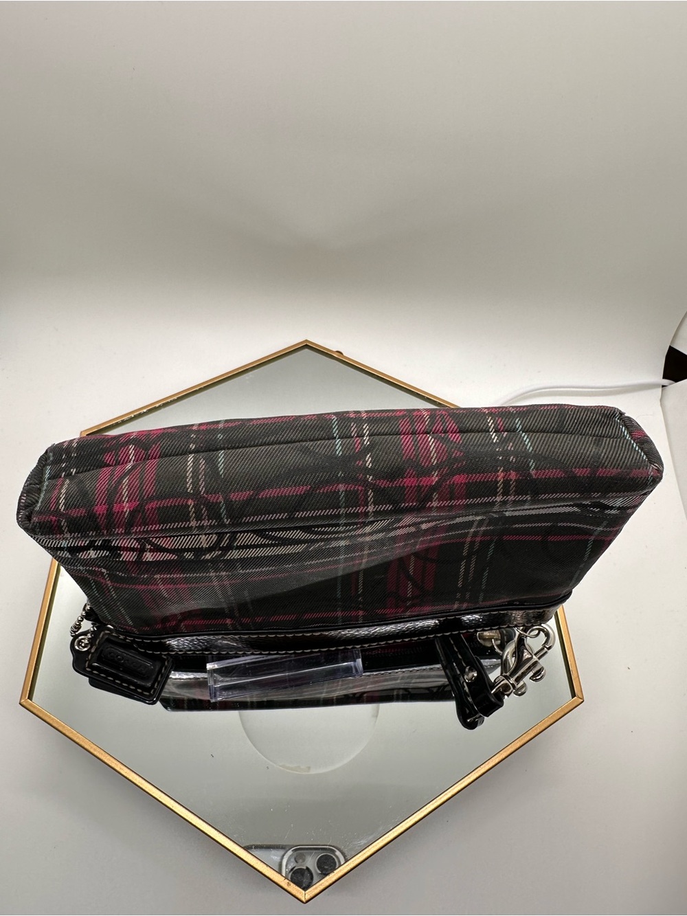Coach Black Plaid Wristlet with Pink Accent - Picture 5 of 5